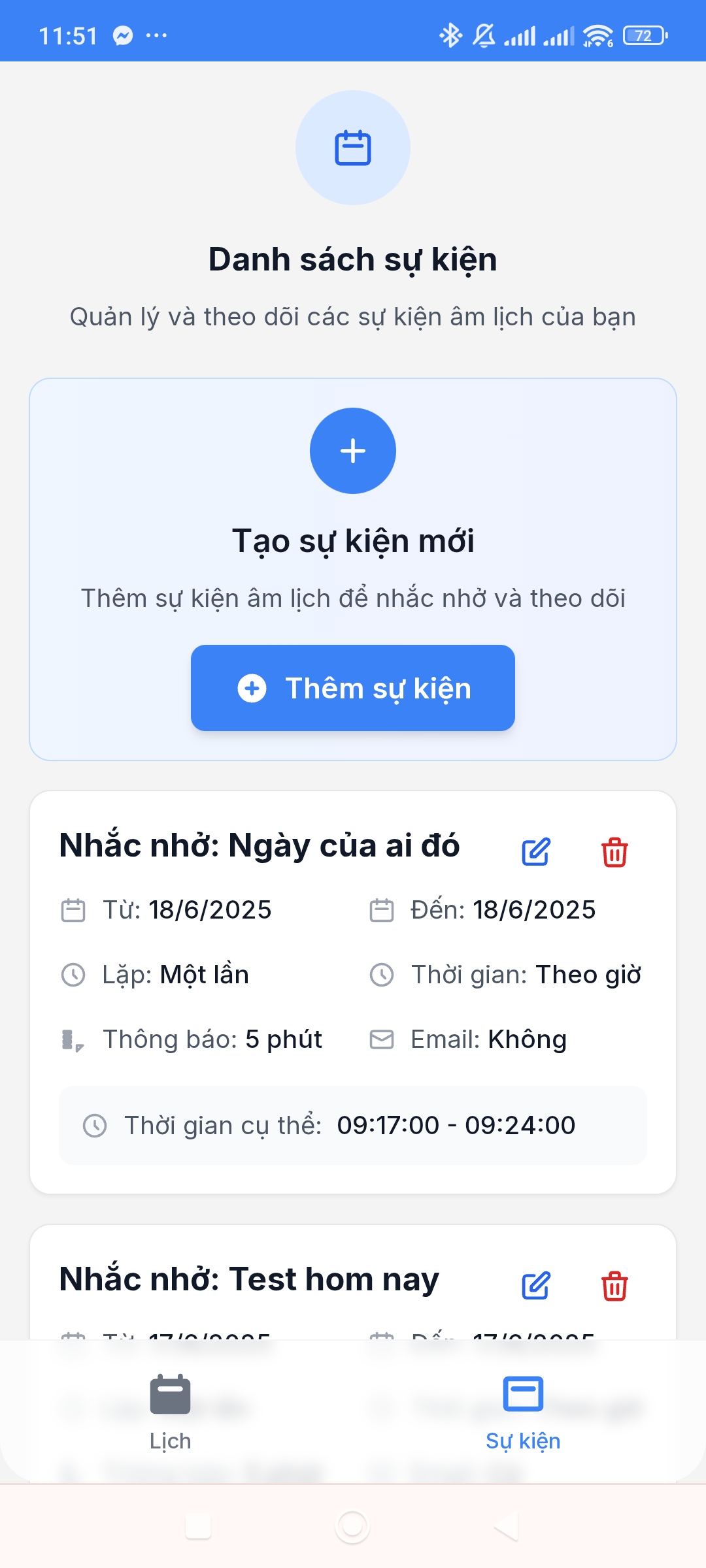 Danh sách sự kiện